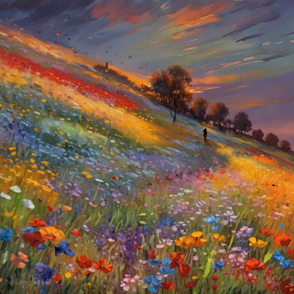 Impressionist Girl in Wildflower Field Oil Painting