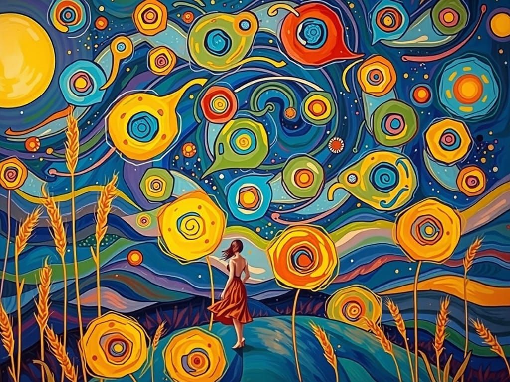 Surreal Harvest Moon Nighttime Scene with Whimsical Woman an...