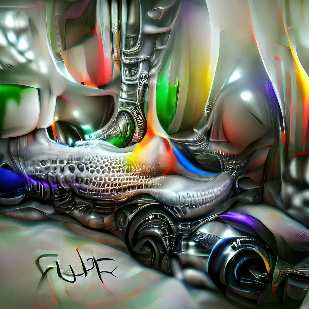 Surreal Iridescent Biomechanical Landscape in Giger Style