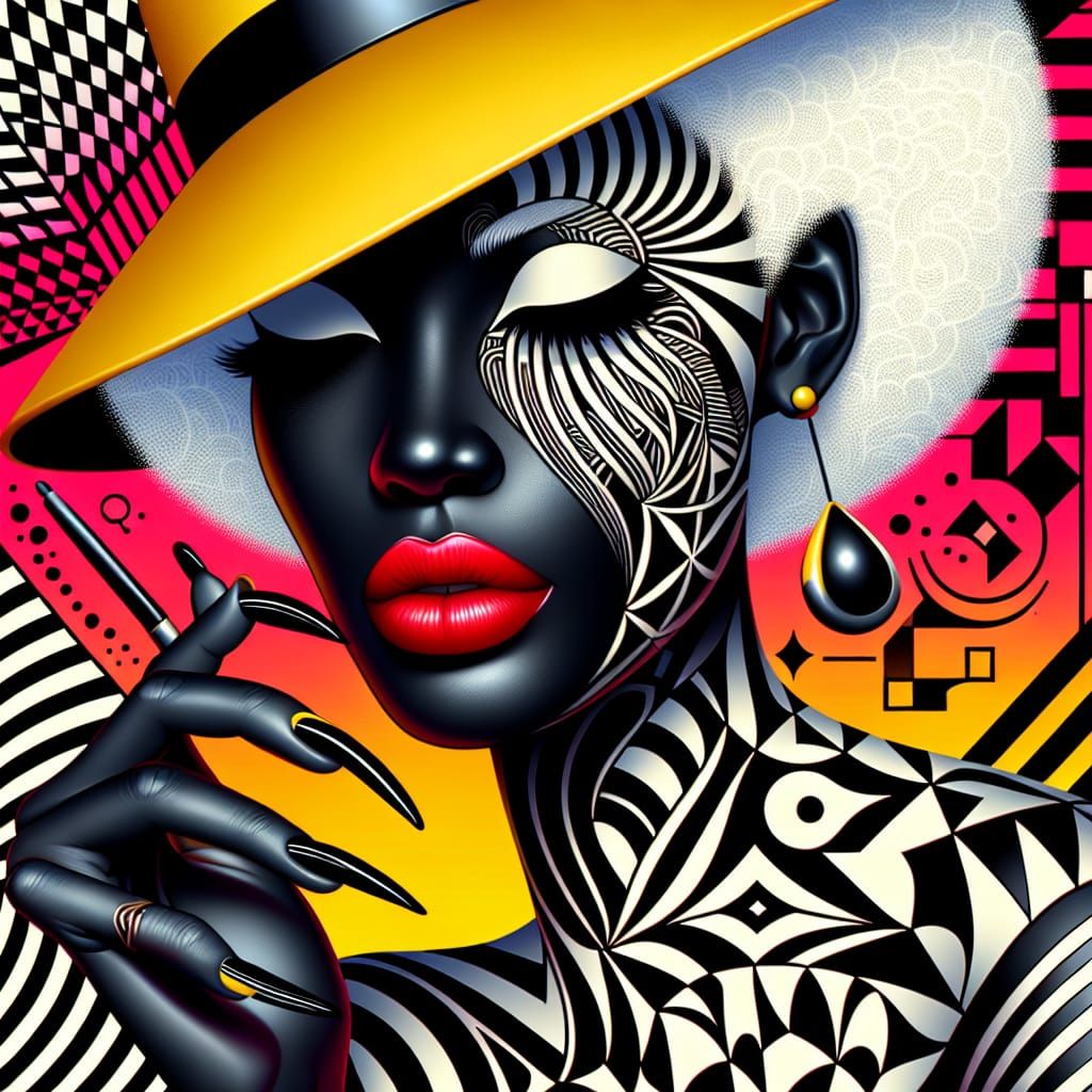 Geometric Woman in Yellow Hat: Stylized Digital Art