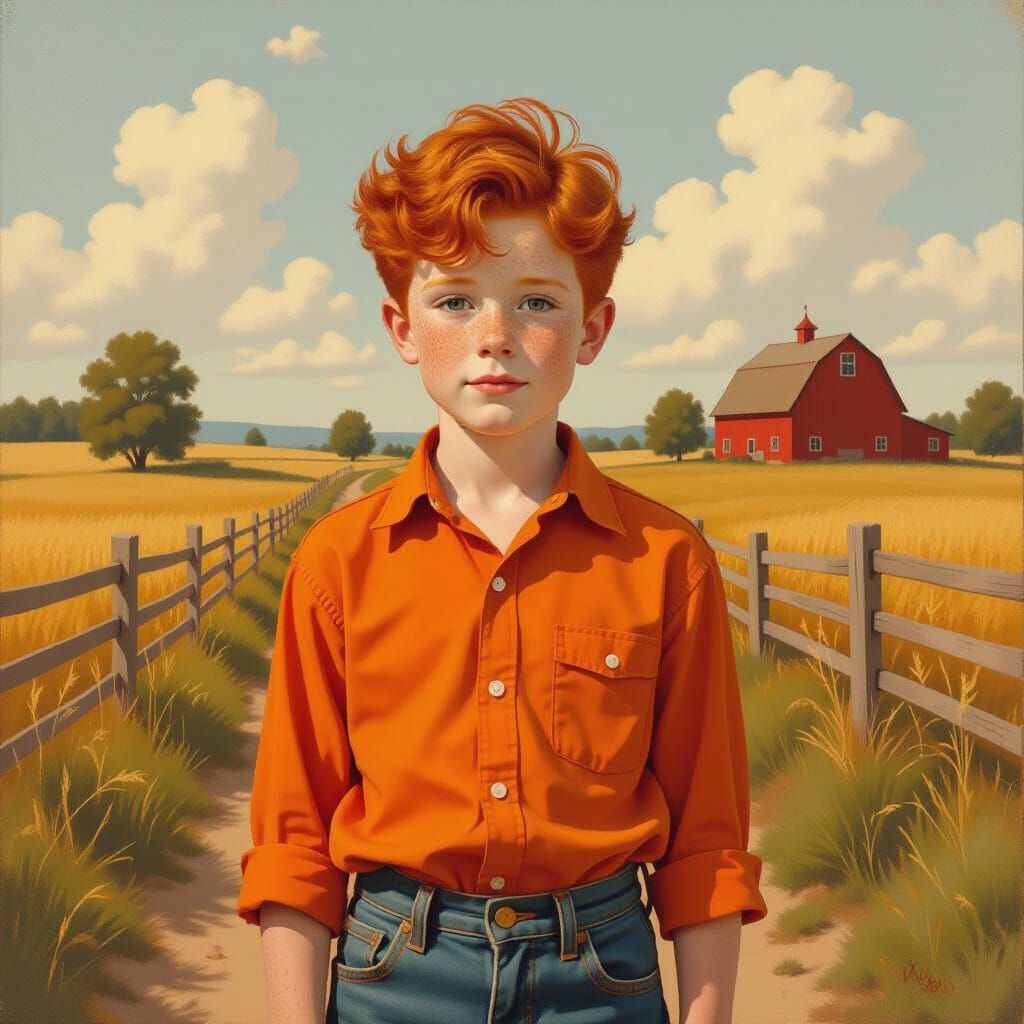 Freckled Redhead in Rural Scene, Americana Illustration