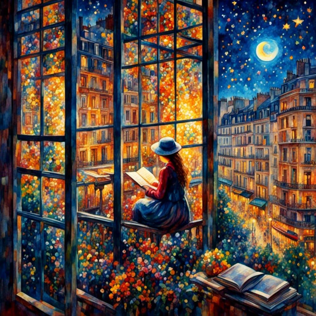 Colorful Paris Scene with Girl Reading