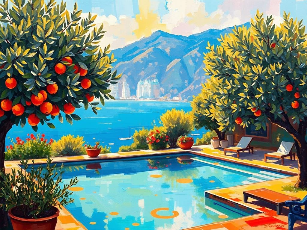 Impressionist Sicilian Afternoon Pool Scene with Neon Accent...