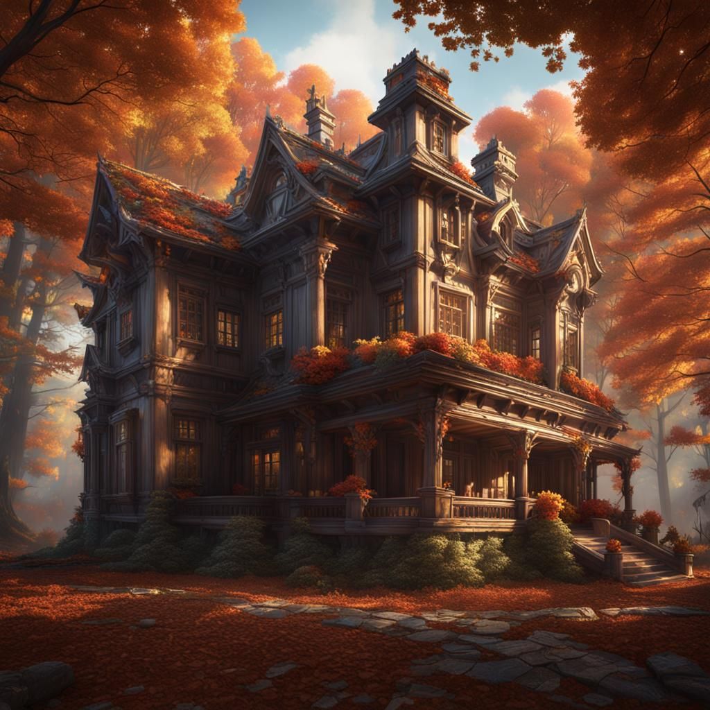 Fall Mansion with Trees, Detailed Matte Painting