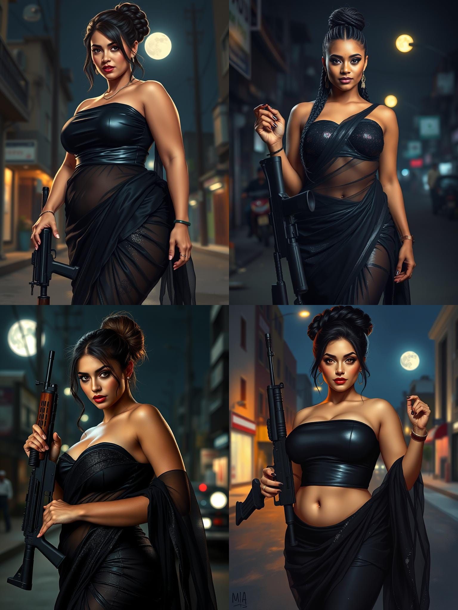 Curvy Woman with AK-47 in Night Street Scene