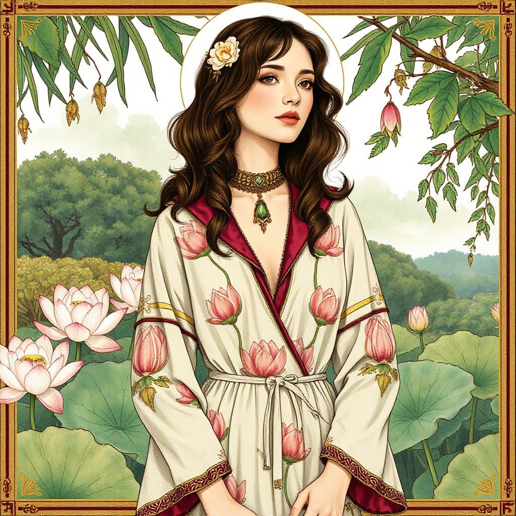 Lotus Woman in Botanical Garden: Art Nouveau Style
