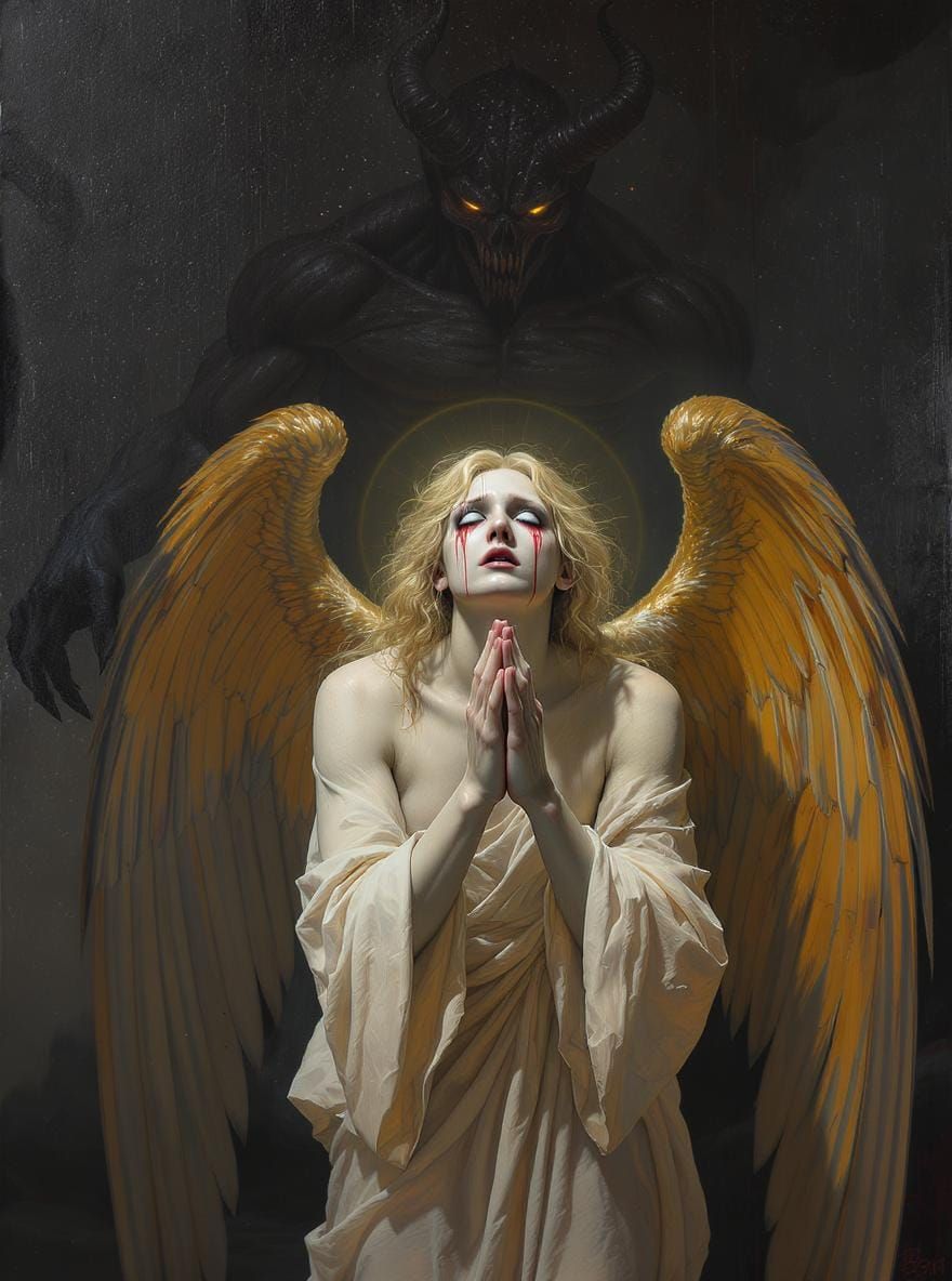 Angelic Despair Before a Demonic Figure