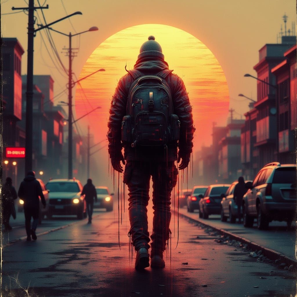 Cyberpunk Artist Walks Through Dystopian Cityscape at Sunset