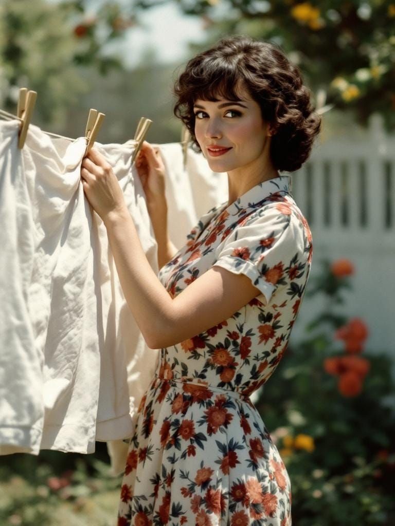 Nostalgic Homemaker Hanging Laundry in Rockwell Style