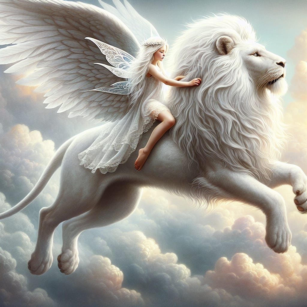 Winged White Lion and Fairy in Ethereal Sky