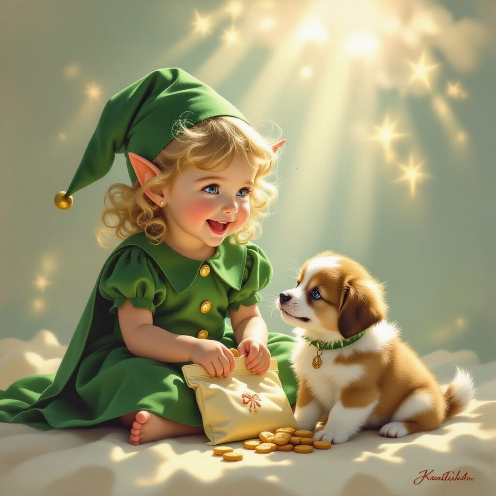 Girl in Elf Costume Giggles with Puppy, Norman Rockwell Styl...