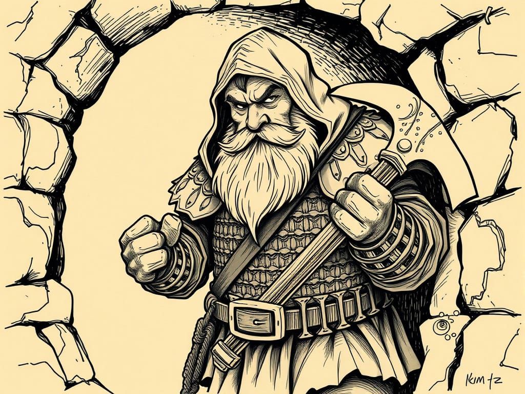 Dwarf Miner in Sepia Ink Drawing