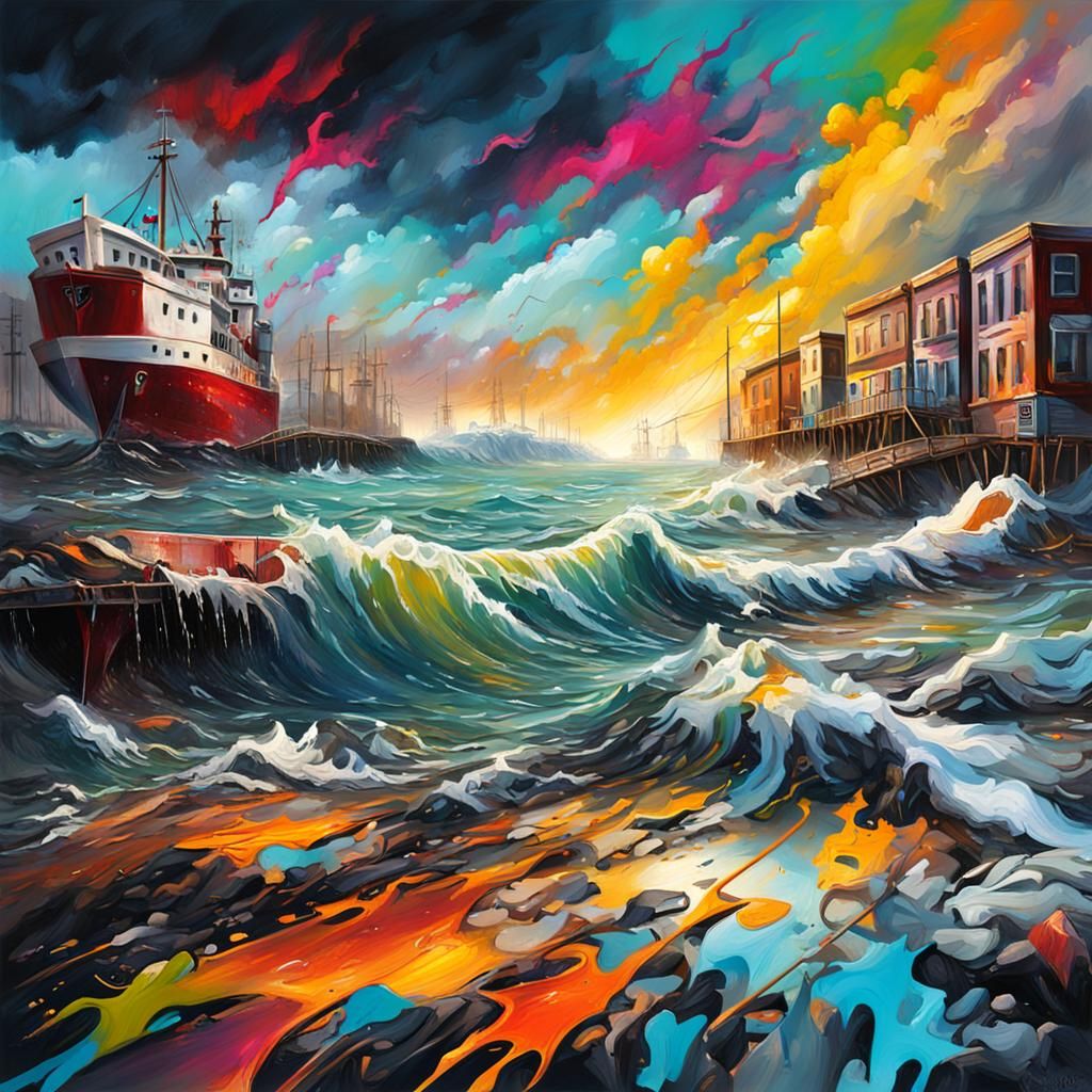 Stormy Shoreline: Graffiti and Splash Art Fusion