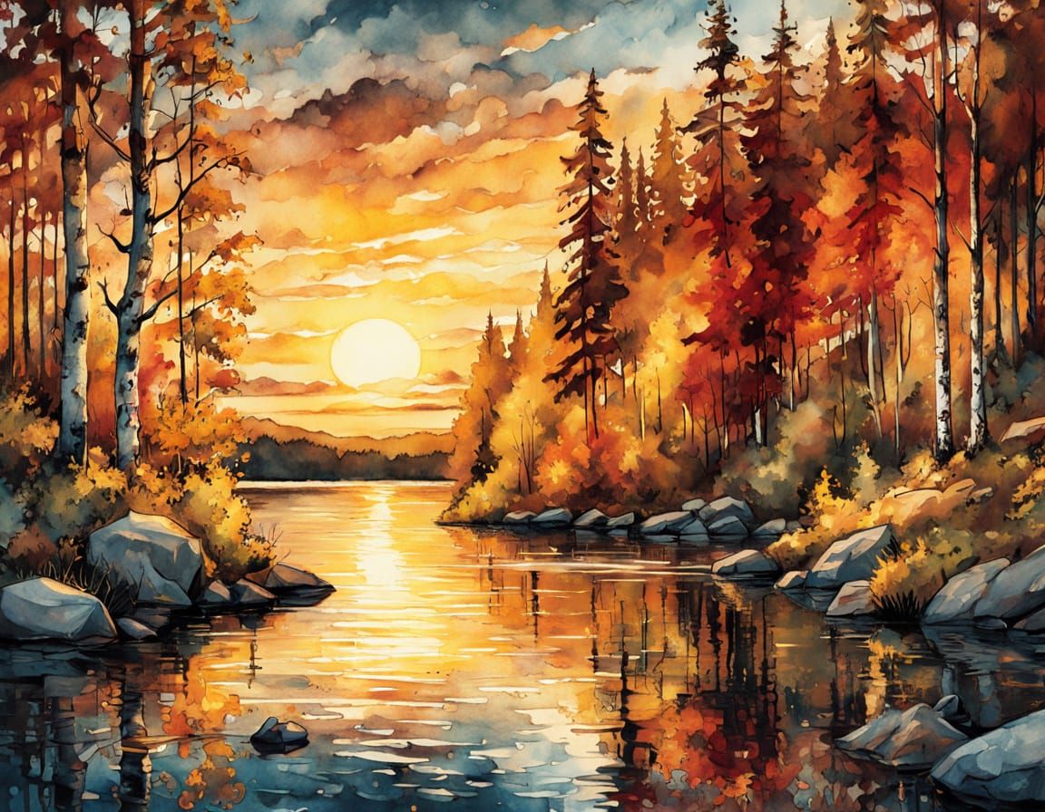 Watercolor Norwegian Lake at Sunset in a Golden Era Aestheti...