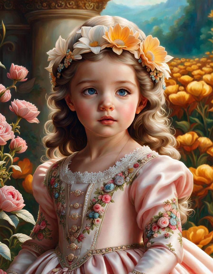Paradise Garden: Cute Girl with Doll, Rococo Style