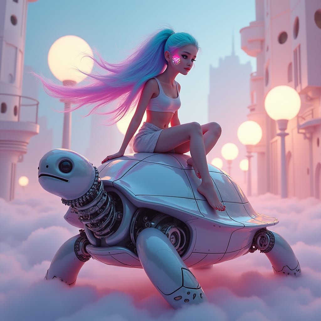 Girl Rides Robot Turtle in Dreamscape as Digital Art
