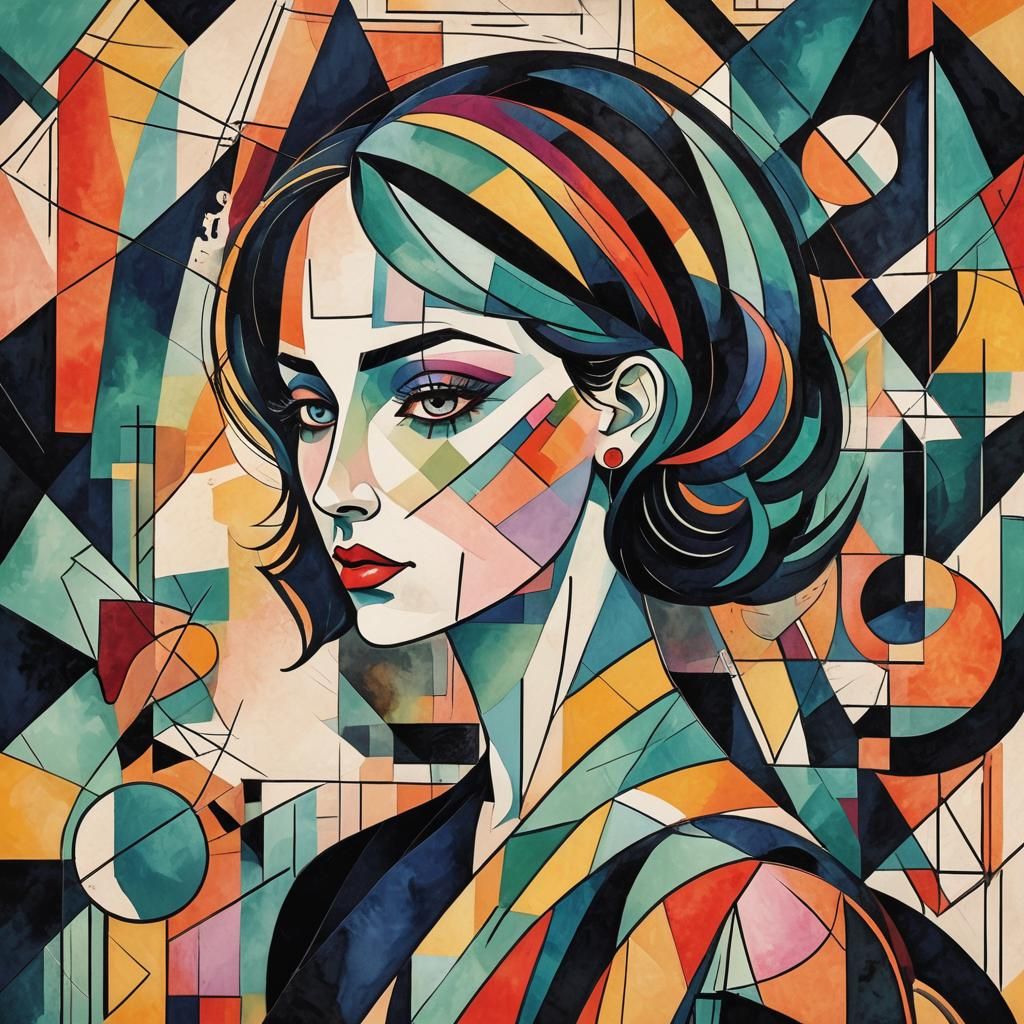 Geometric Woman in Cubist Room with Neon Lighting