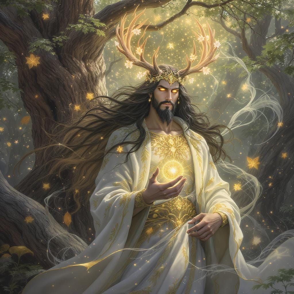 Forest God with Glowing Flowers, Art Nouveau Style