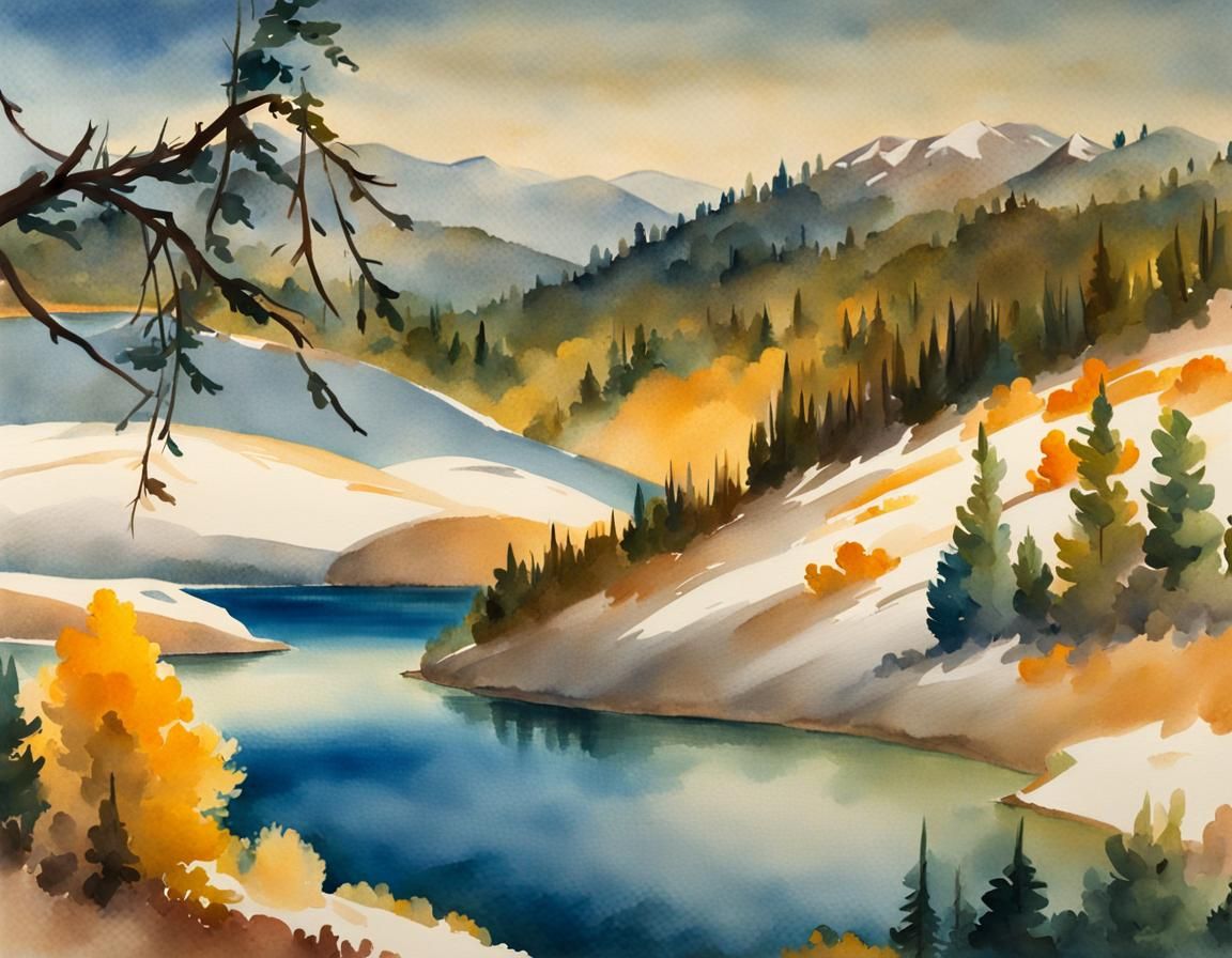 Turner-esque Landscape with Blue Lake and Mountains