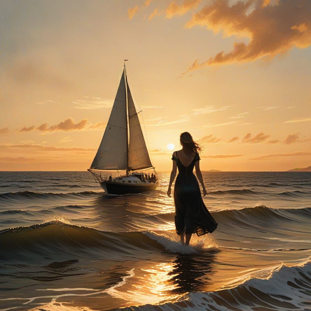 Sunset Sailboat Scene in Romantic Realism Style