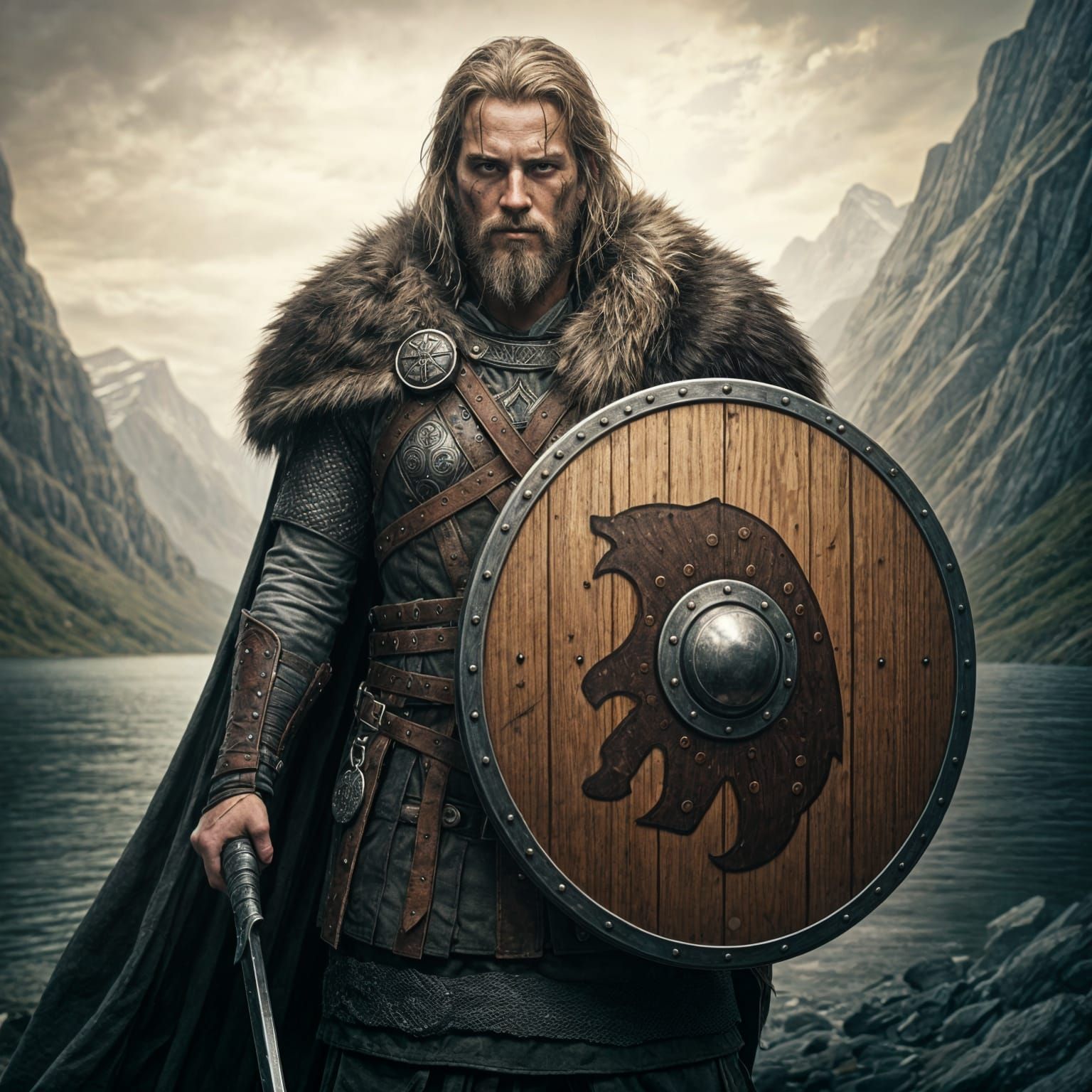 Viking Warrior with Shield in Traditional Norse Armor