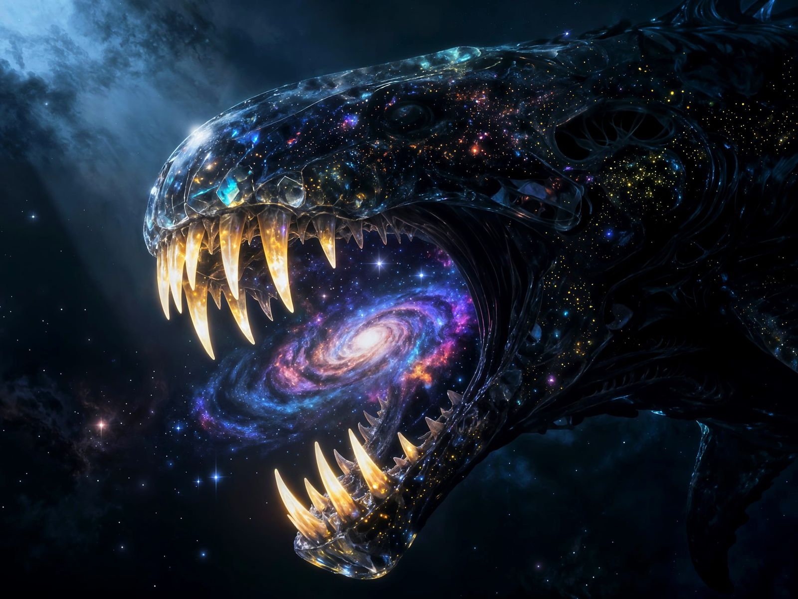 Cosmic Leviathan Swallowing Nebula in Surreal Sci-Fi