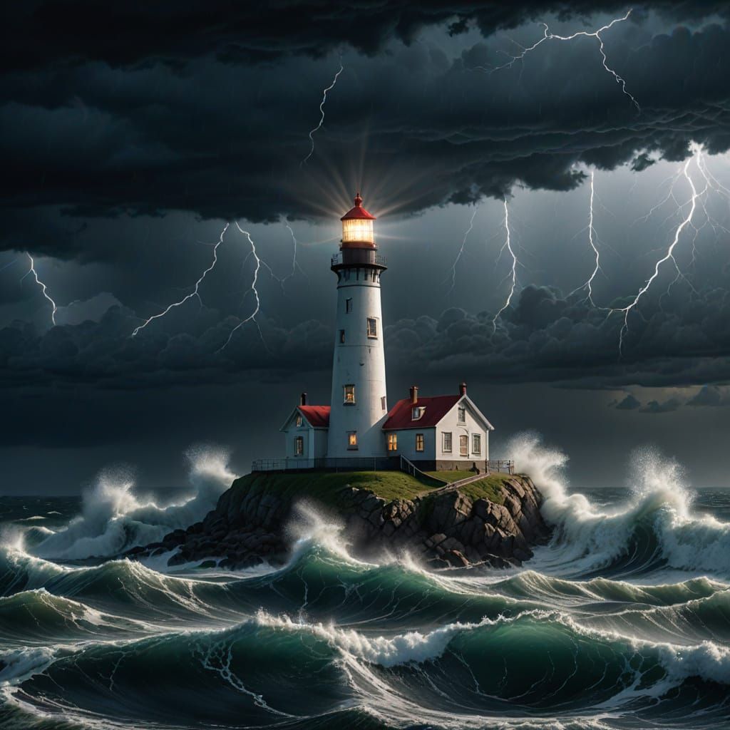 Lighthouse in Turbulent Thunderstorm Sea