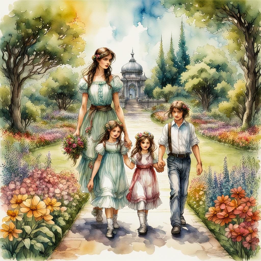 Victorian Family Stroll in Lush Summer Park