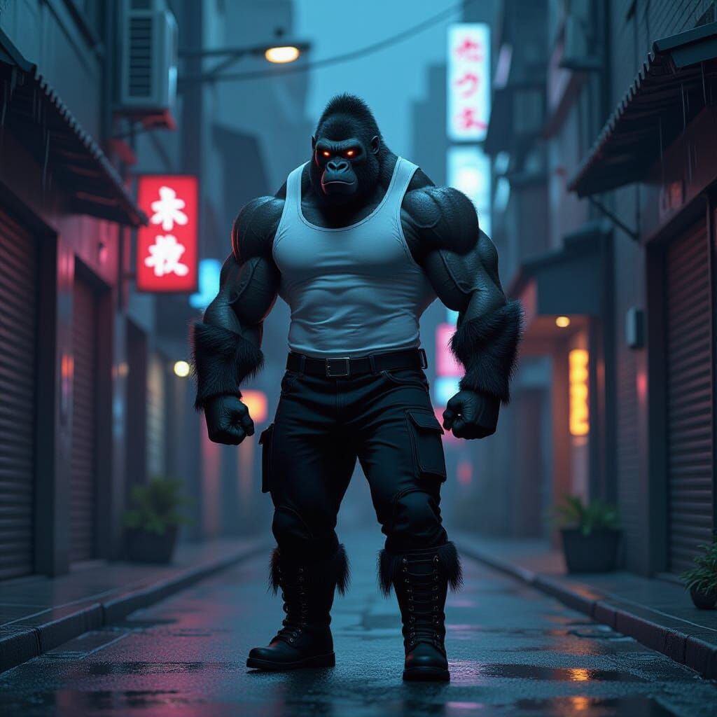 Cyberpunk Gorilla in Neo-Tokyo Alleyway