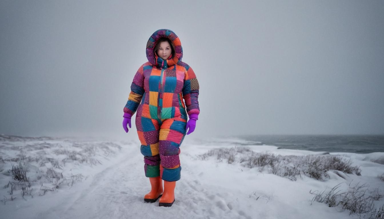 Woman in Puffer Suit Enjoys Arctic Blizzard