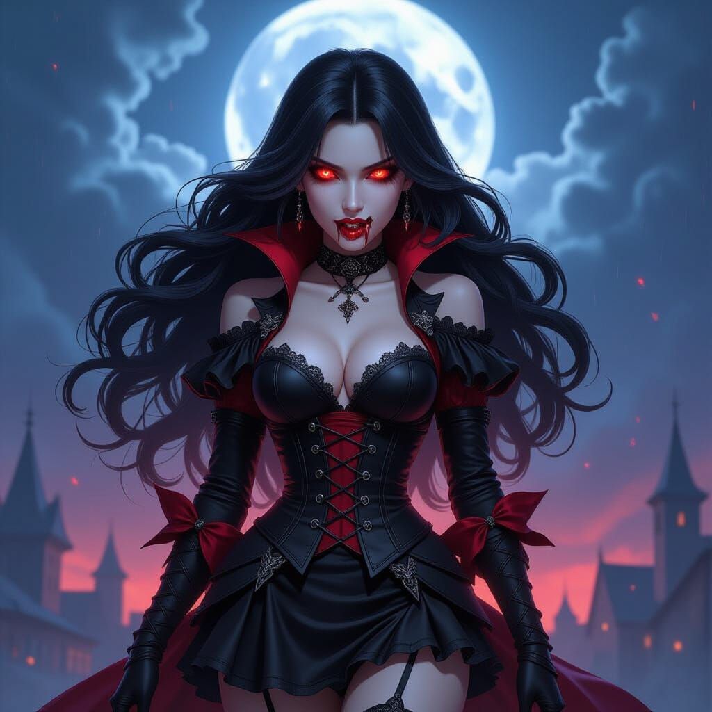 Vampiress Woman in Stormy Night Sky, Hyper-Realistic Fantasy...