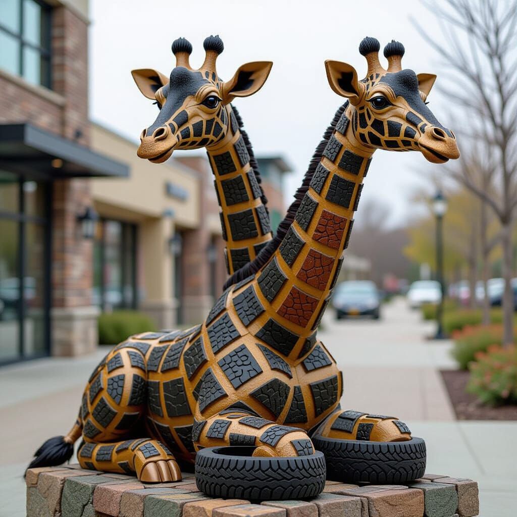 Recycled Tire Giraffe Sculpture in Recycled Art Style