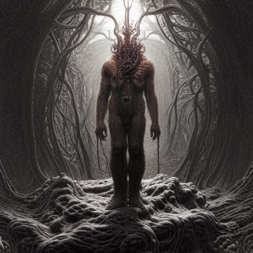 Man-Thing Portrait in Biopunk Vaporwave Horror Style