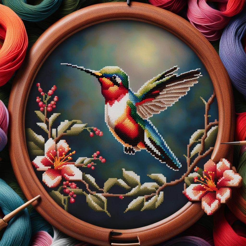 Cross-Stitch Hummingbird: Detailed Needlework Art
