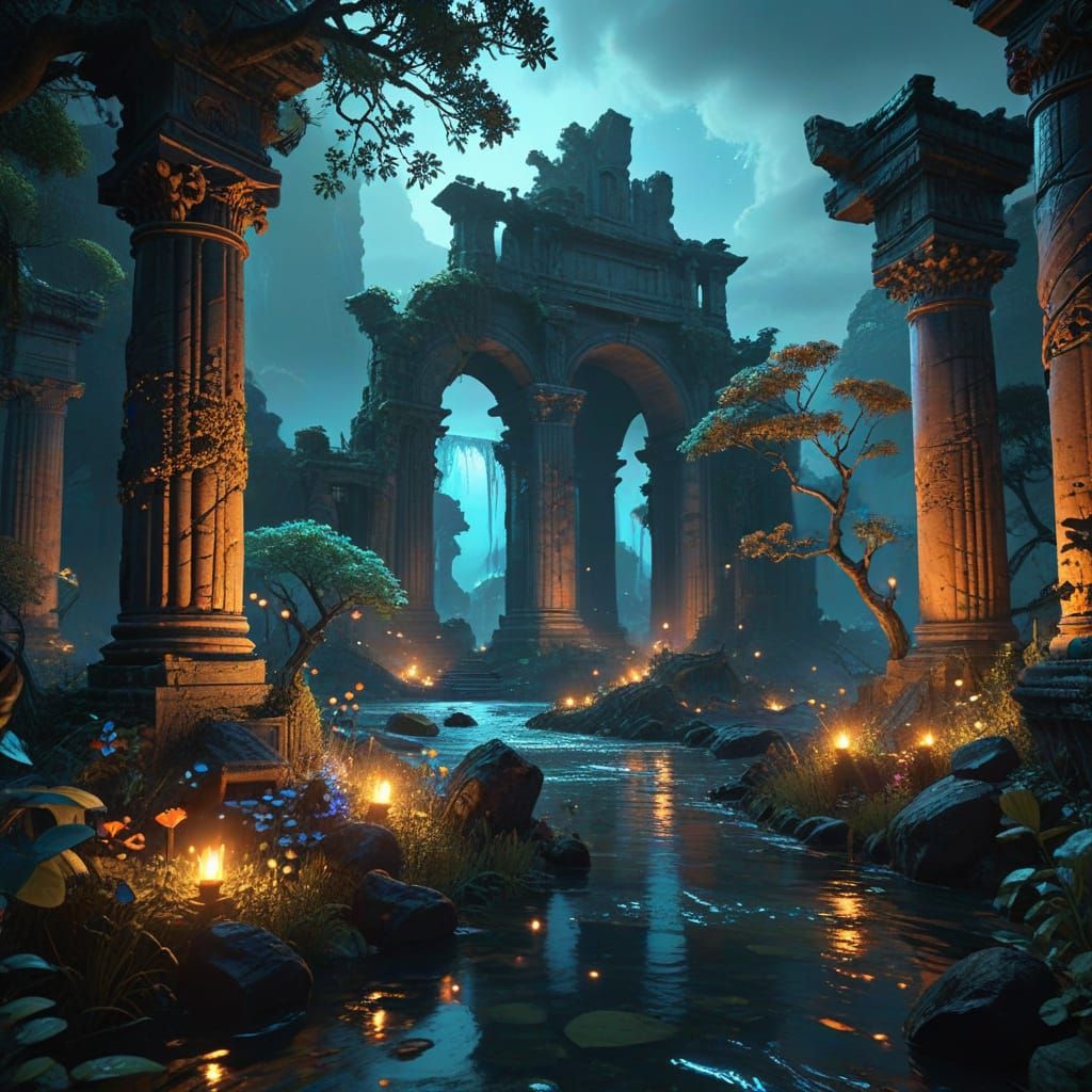 Fantastical World Concept Art with Bioluminescent Flora