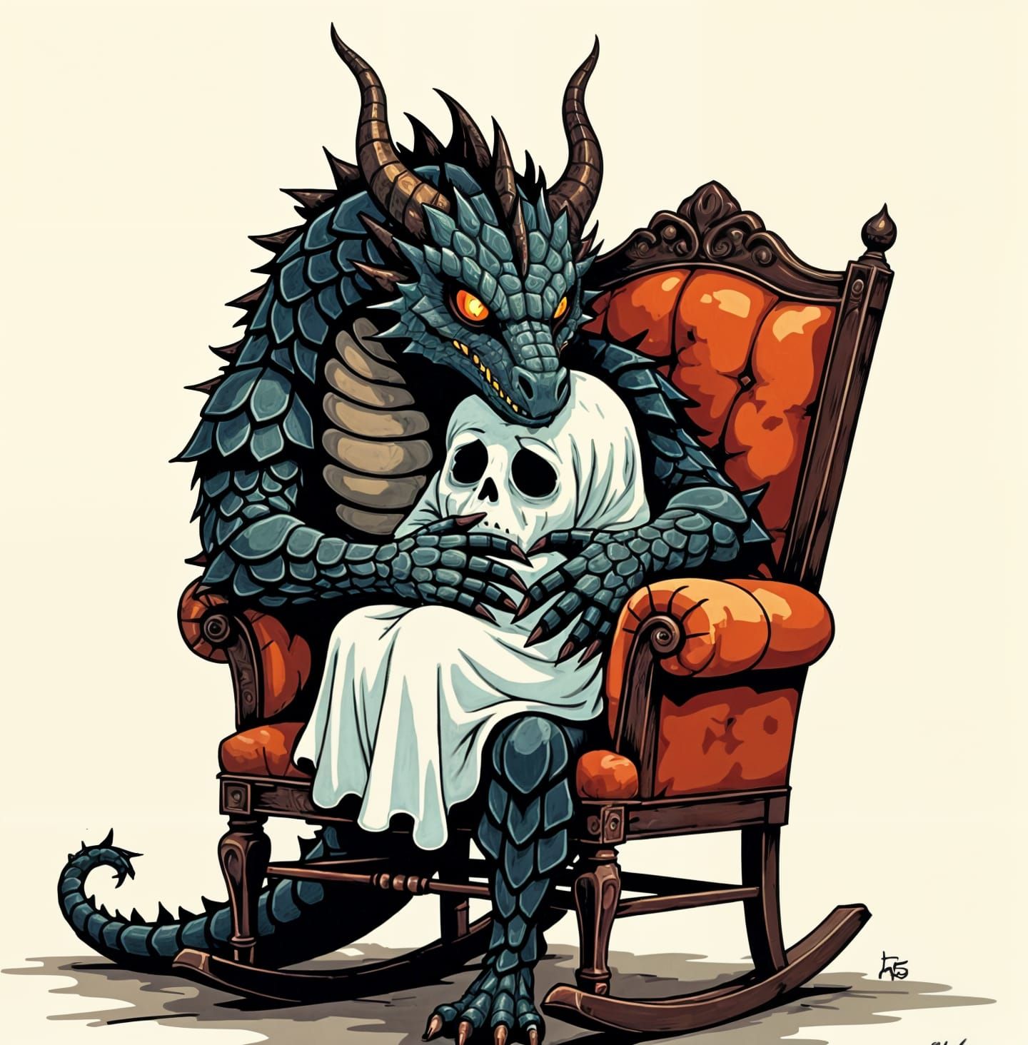 Dragon Comforting Ghost in Egon Schiele Style