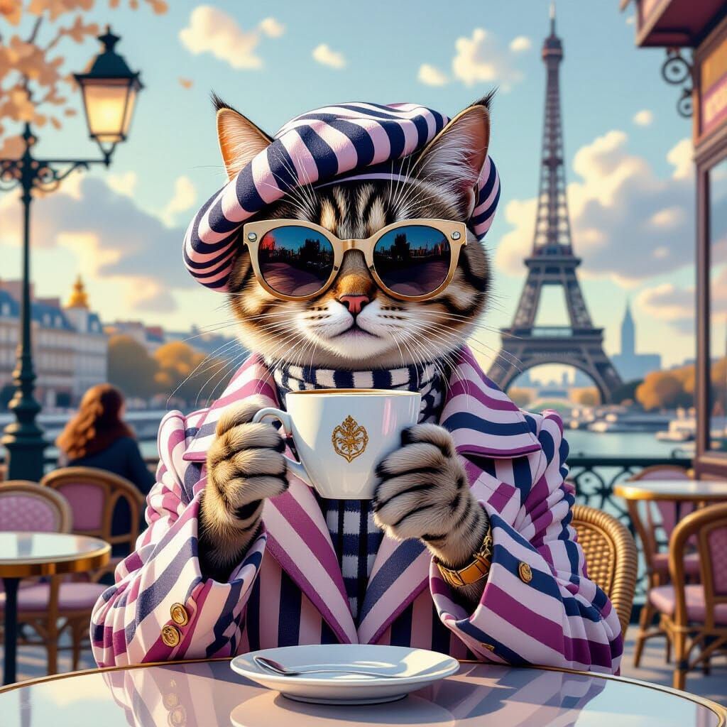 Cat Fashionista in Paris: Neo-Impressionist 3D Render