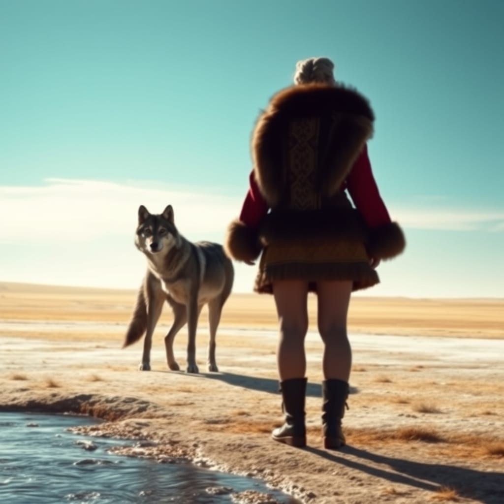 Mongolian Woman and Dire Wolf Stand Silhouetted on the Stepp...