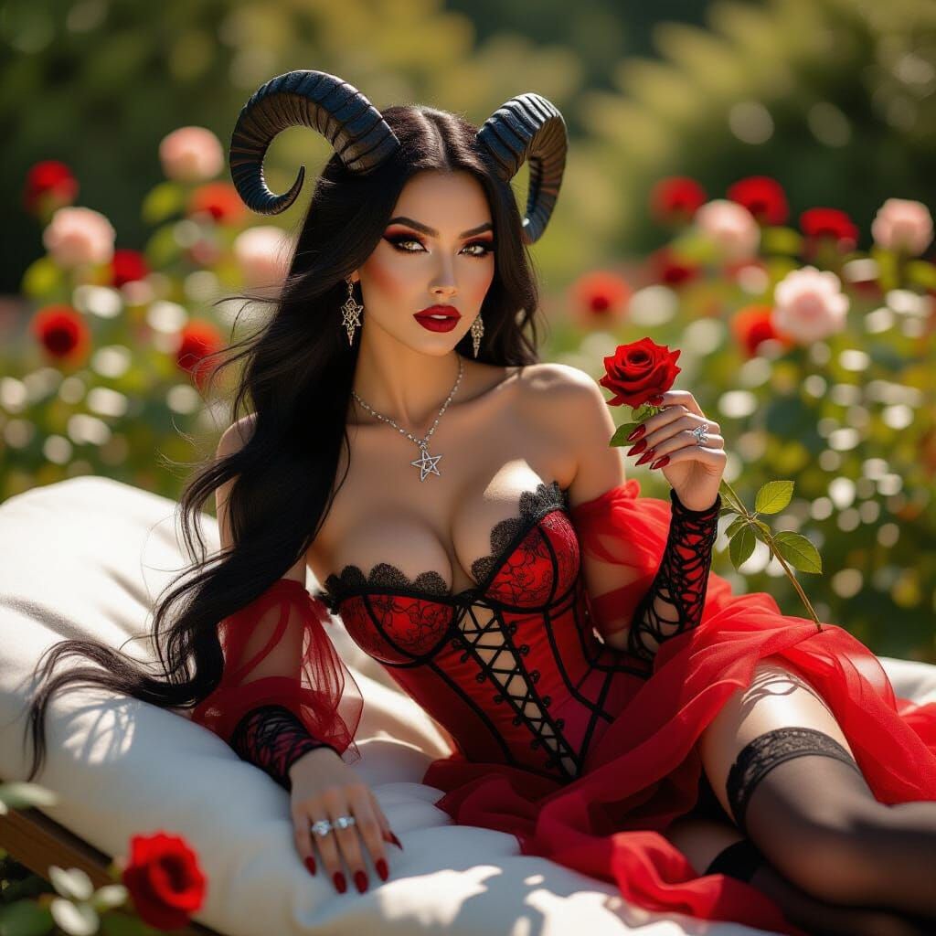 Goddess with Horns in Rose Garden, Cinematic Film Still