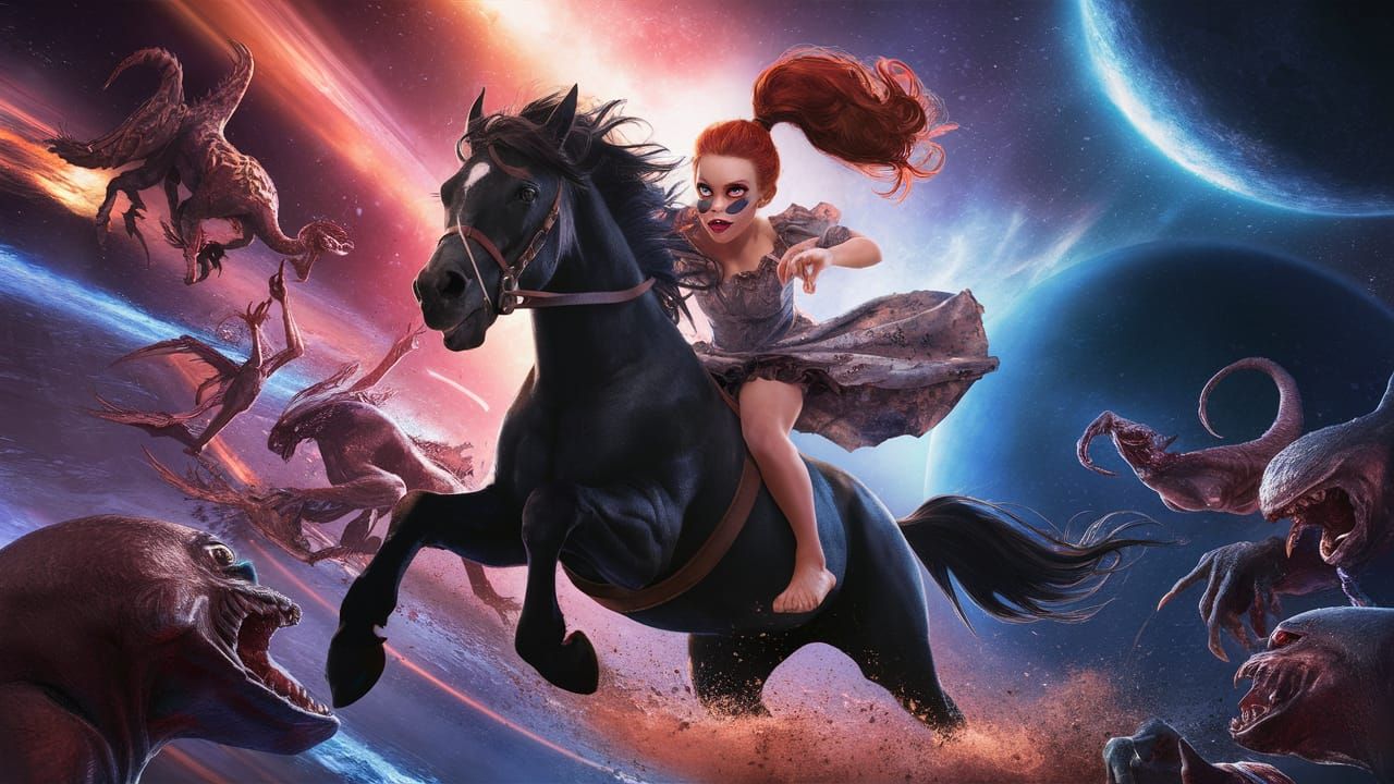 Girl on Black Horse in Space Battle, Digital Art