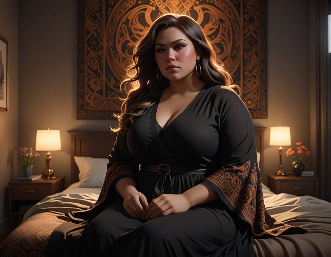 Cozy Plus Size Woman in Bedroom, Digital Art