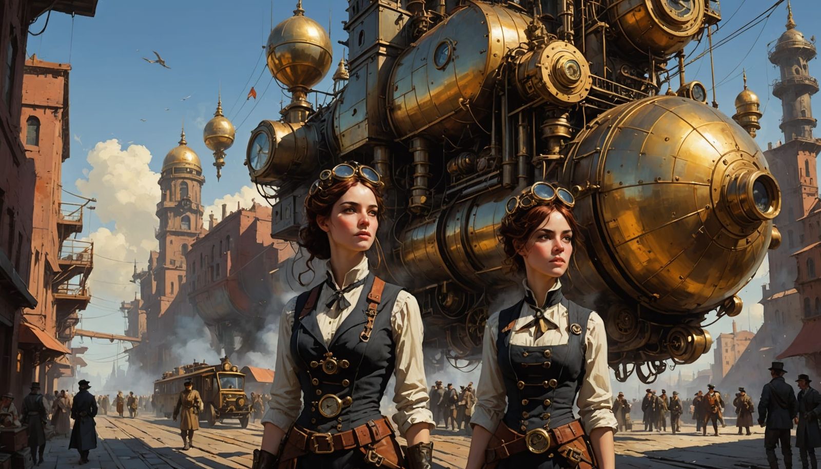 Steampunk Woman on Bicycle in Golden City