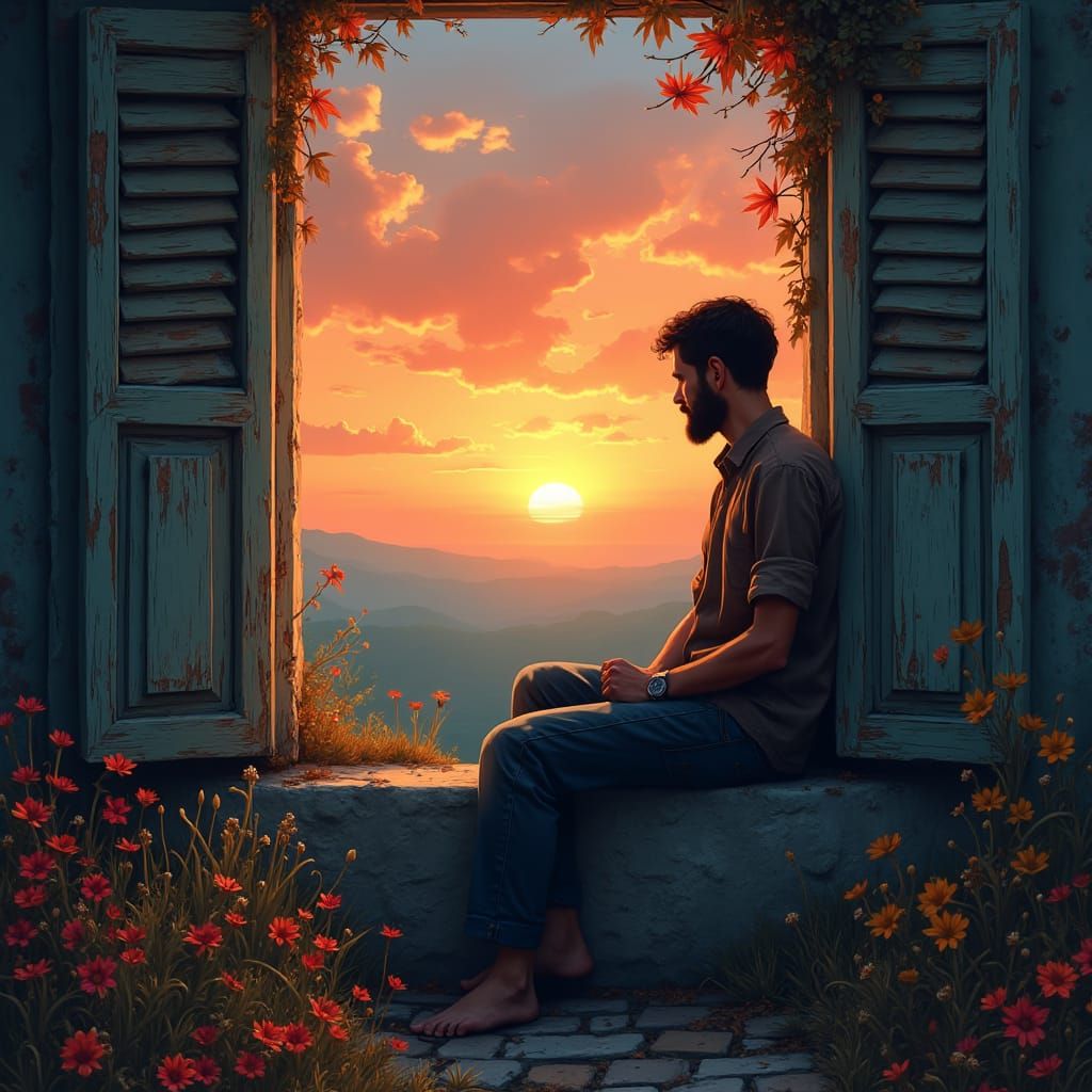 Melancholy Man Longing at Sunset Window