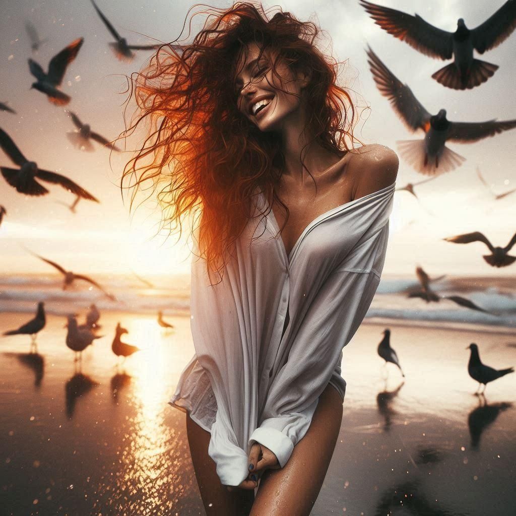 Blonde Woman Dancing in Red Flower Field