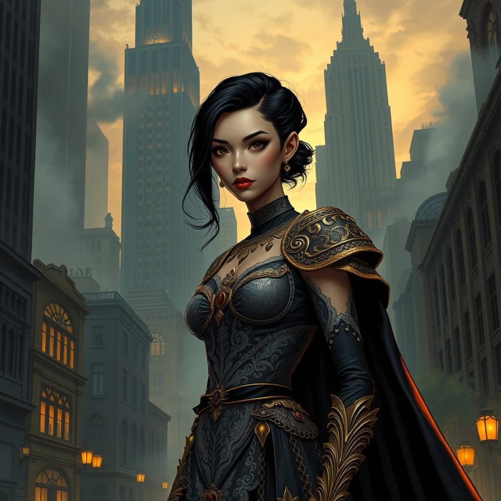 Mysterious Warlock in Elegant Regalia against Art Deco Citys...