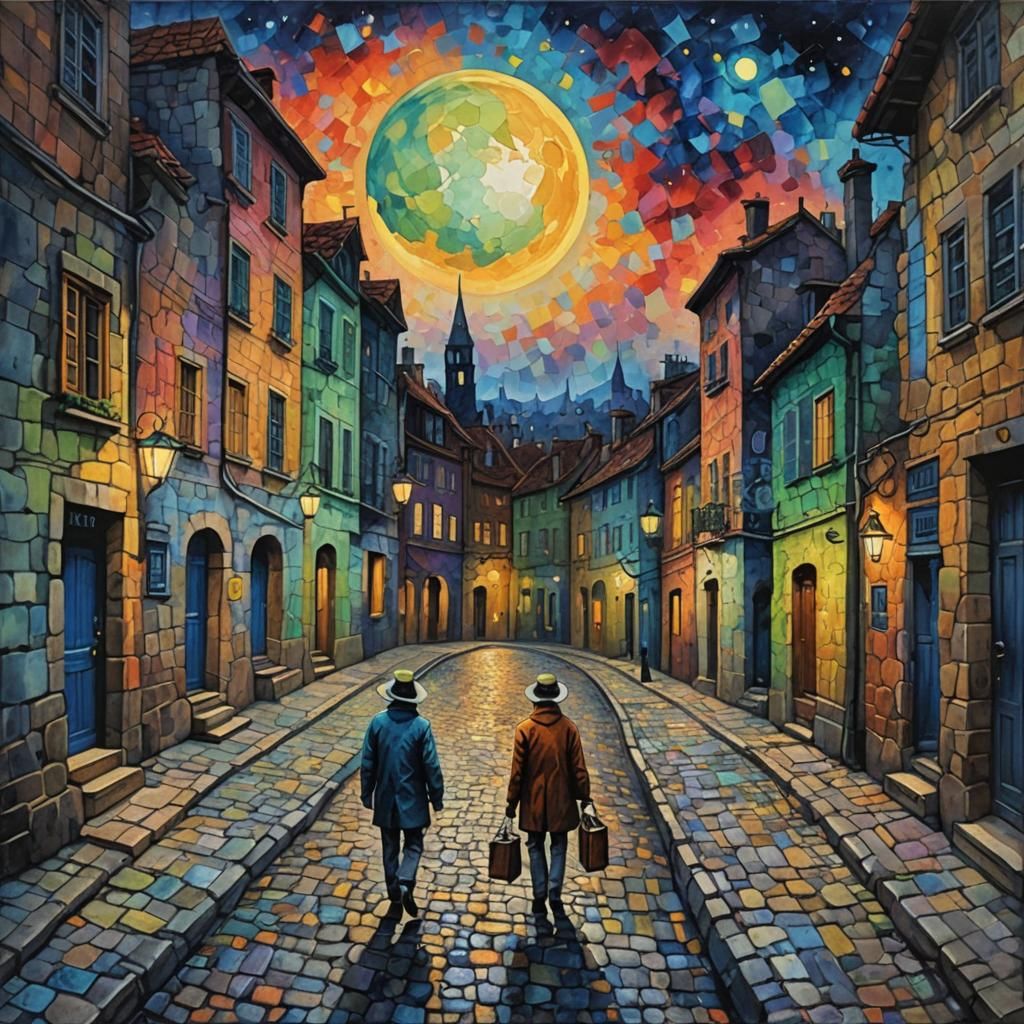 Surreal Moonlit Walk on Cobblestone Street as Impasto Painti...