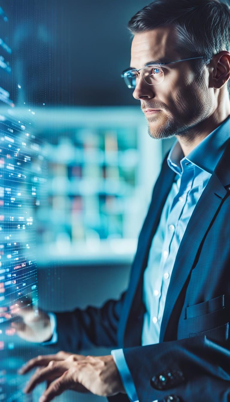 Businessman Interacts with Transparent Data Screen