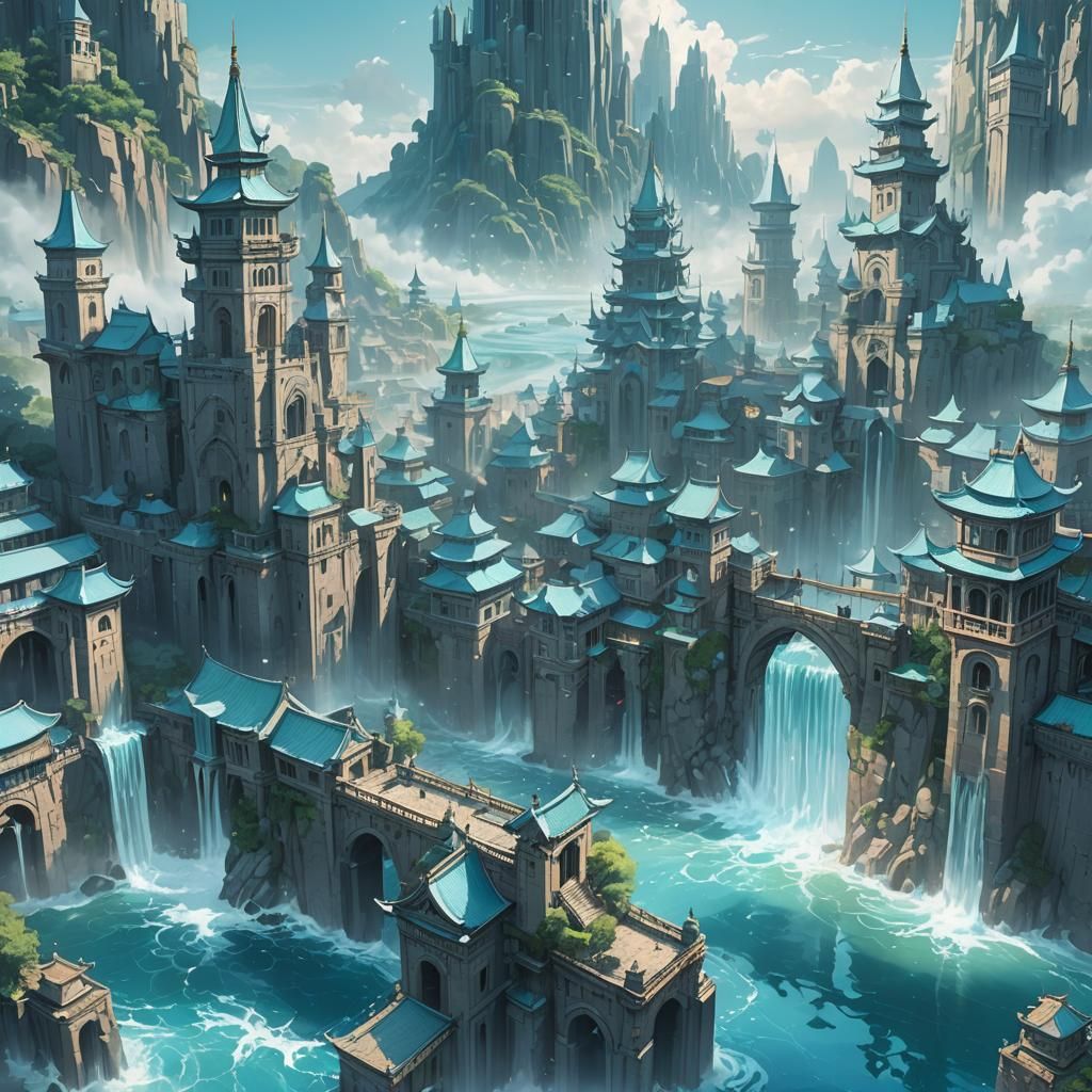 Anime-Inspired Water Cityscape with Luminescent Mist