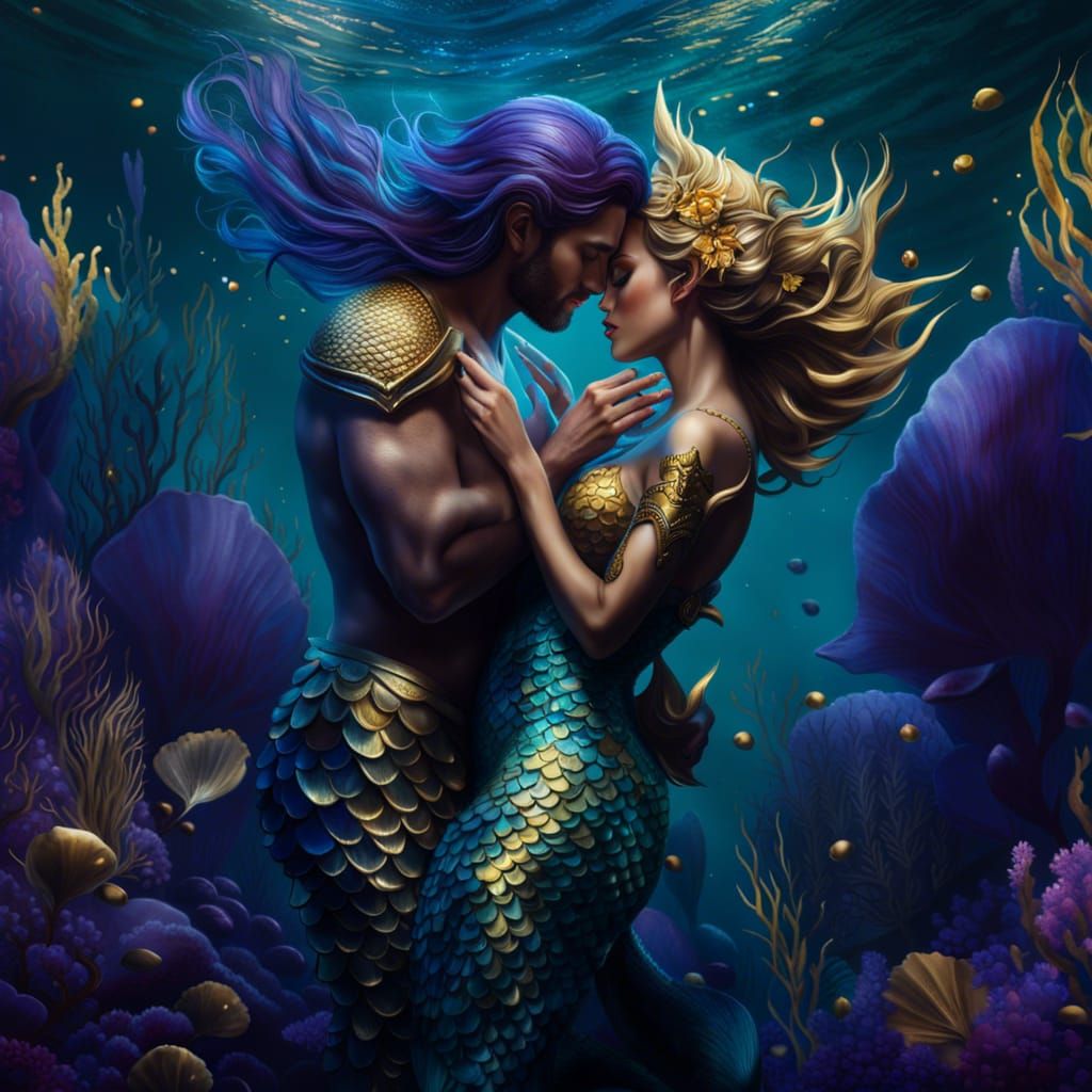 Full body view of Mermaid and merman underwater kissing and embracing, Epic cinematic brilliant stunning intricate metic...