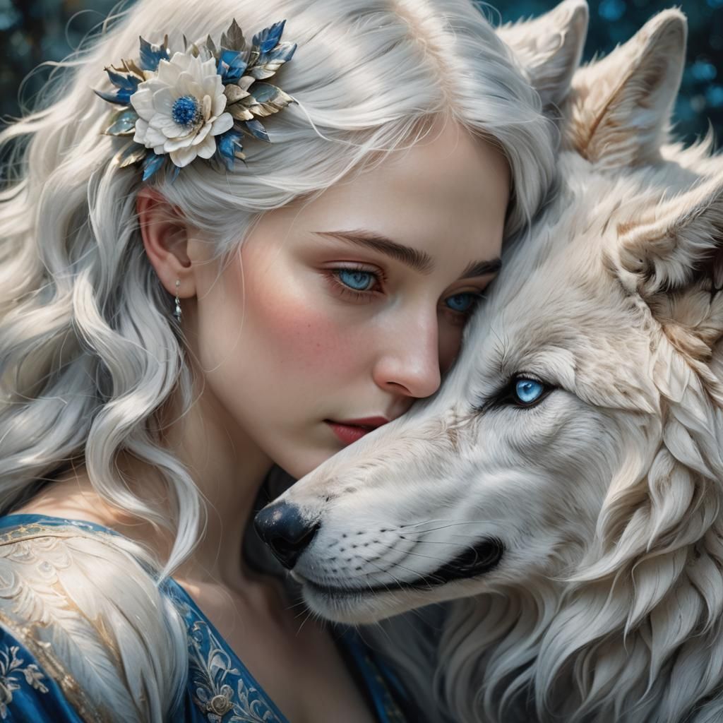 Woman and Wolf Portrait in Pre-Raphaelite Style